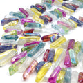 A set of multi-colored aura quartz stick beads, perfect for jewelry making or crafting projects.