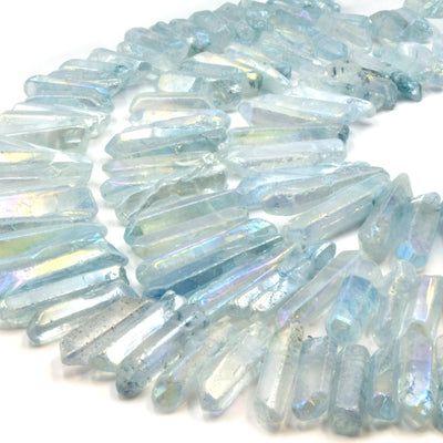 A set of steel blue aura quartz stick beads, perfect for jewelry making or crafting projects.