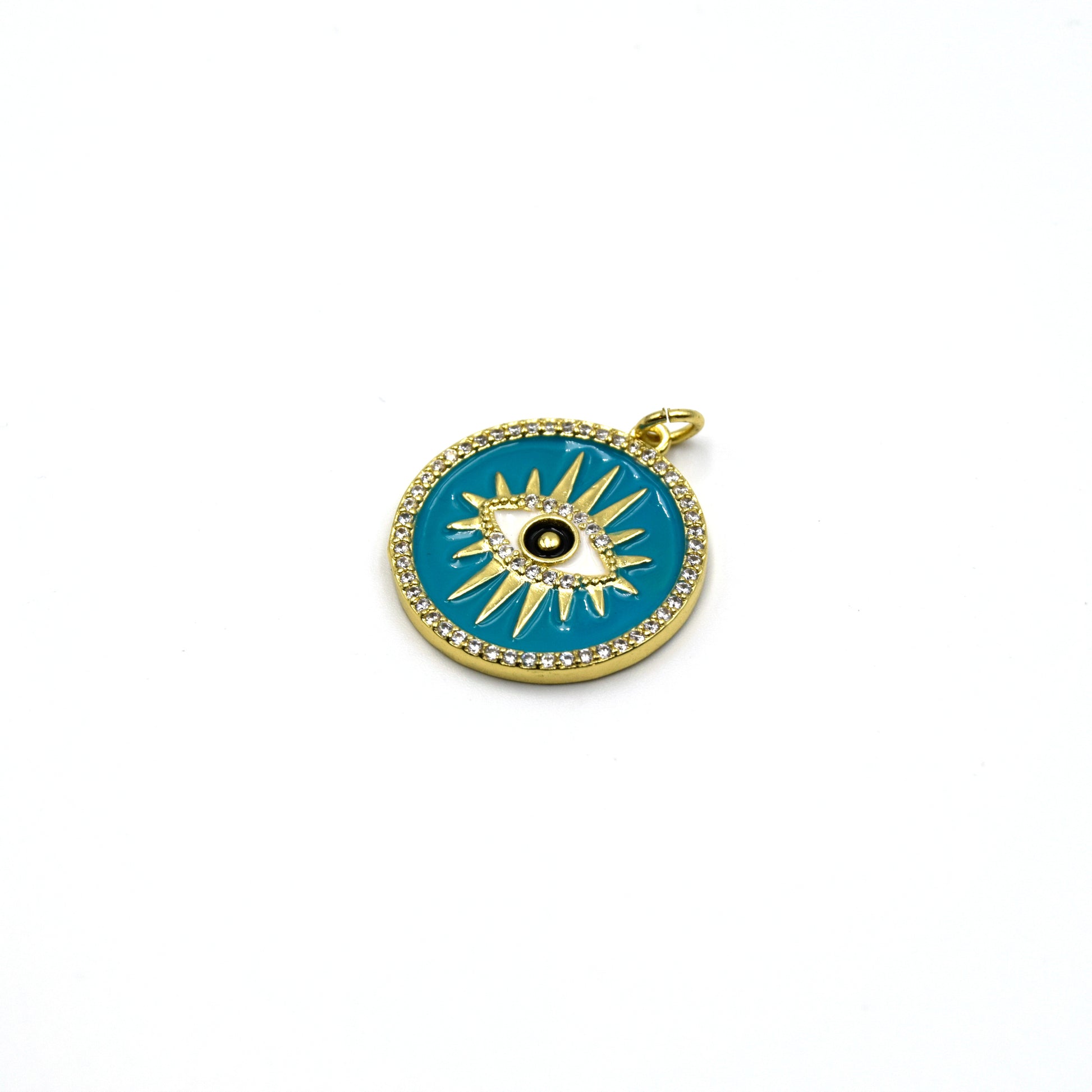 This stunning teal enamel evil eye charm is sure to add a touch of sophistication to your look. The eye itself is crafted from black enamel and finished with white cz stones for a subtle sparkle. 