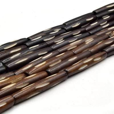Carved Ox Bone Tube Beads | Medium Brown Dark Brown