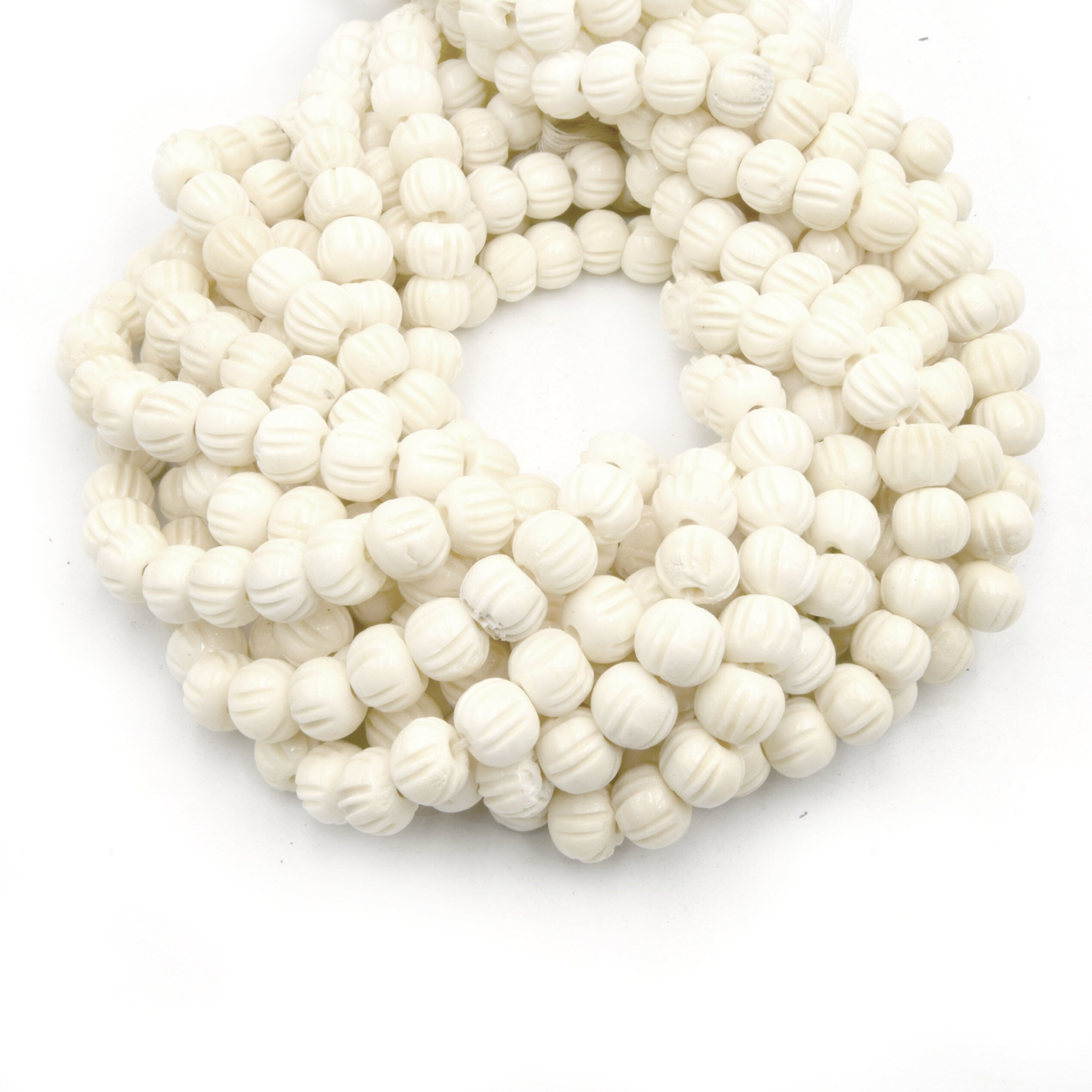 Carved Ox Bone Rondelle Beads | White Slash Carved Bone Beads